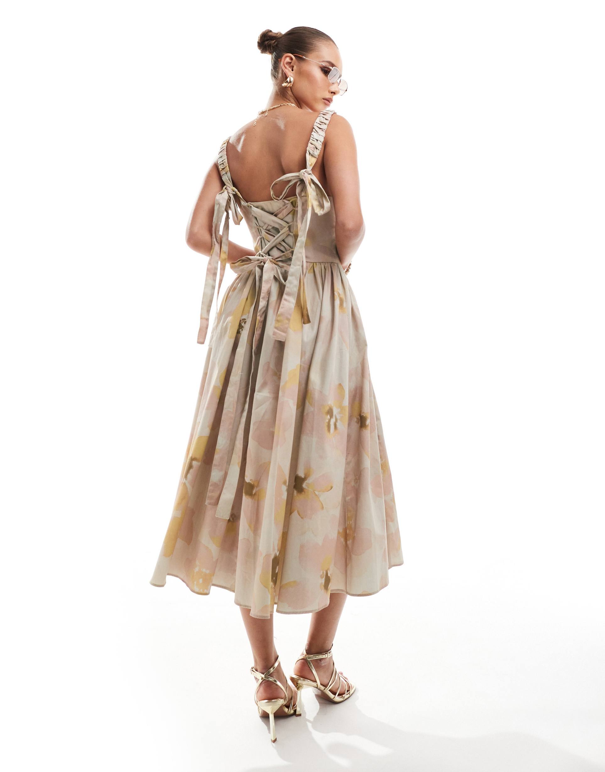 asos design lace up corset midi dress with full skirt in floral print