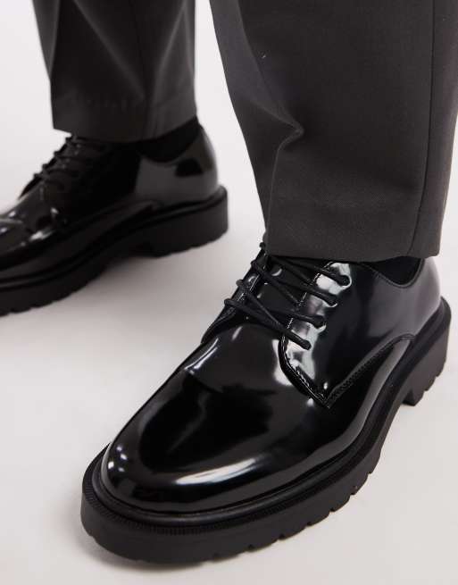 ASOS DESIGN lace up derby shoes in black patent with cleated soles, 4 of 4