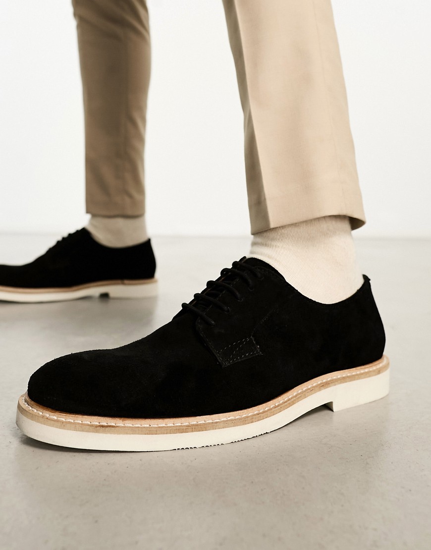 Asos Design Lace Up Derby Shoes In Black Suede With White Contrast Sole