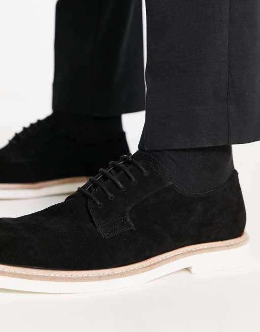 ASOS DESIGN lace up derby shoes in black suede with white contrast sole