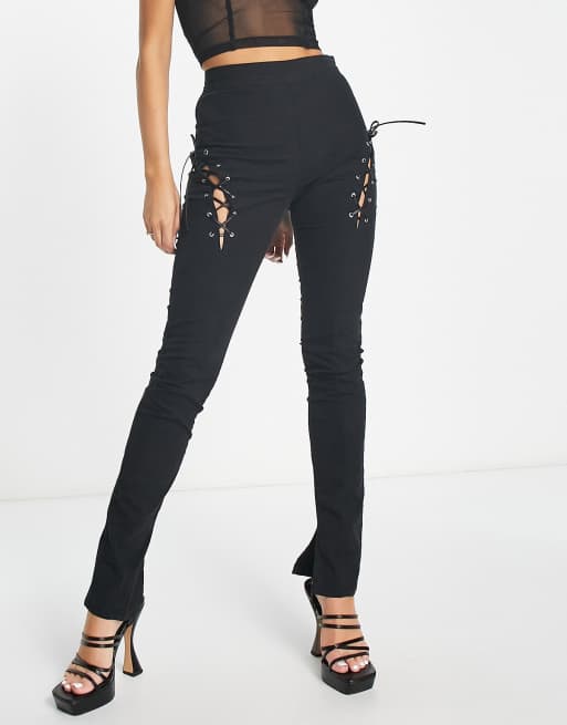 ASOS DESIGN lace up detail cigarette pants in black