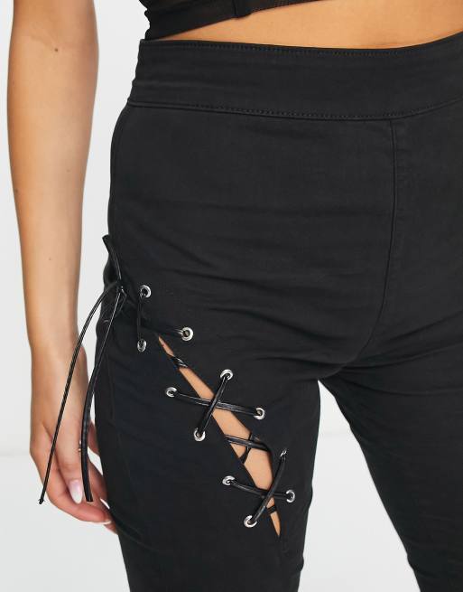 ASOS DESIGN lace up detail cigarette trouser in black