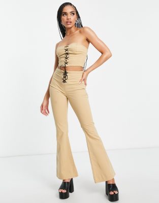 Shop Asos Design Lace Up Detail Flare Pants In Stone - Part Of A Set-neutral