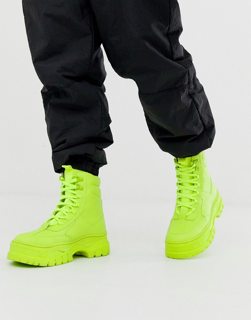 ASOS DESIGN lace up faux leather boot in neon green with chunky sole