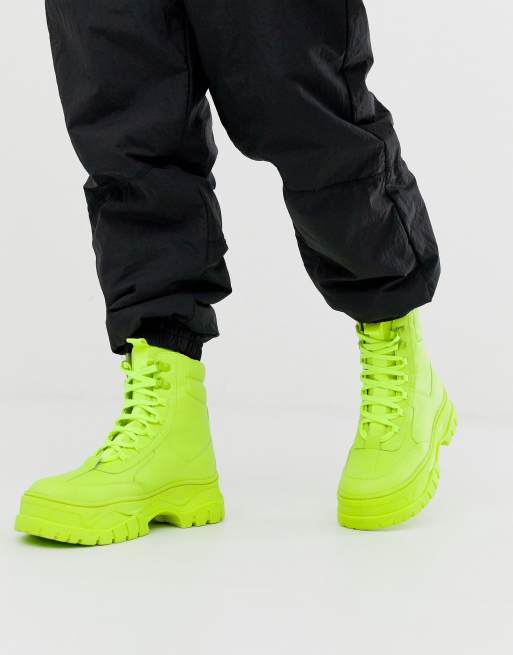 Lace-Up Chunky Boots Ultra Light Weight Green Croco Textured Leather w