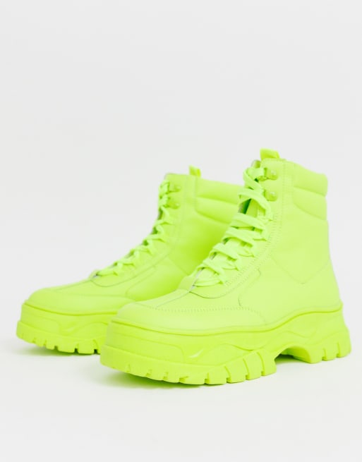 ASOS DESIGN lace up faux leather boot in neon green with chunky