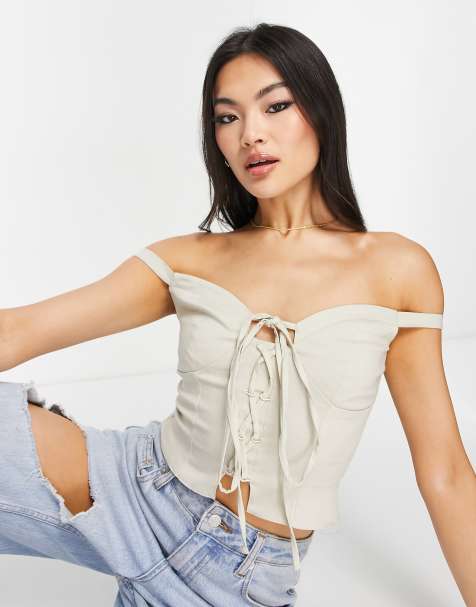 ASOS DESIGN lace up front corset in stone - view 1