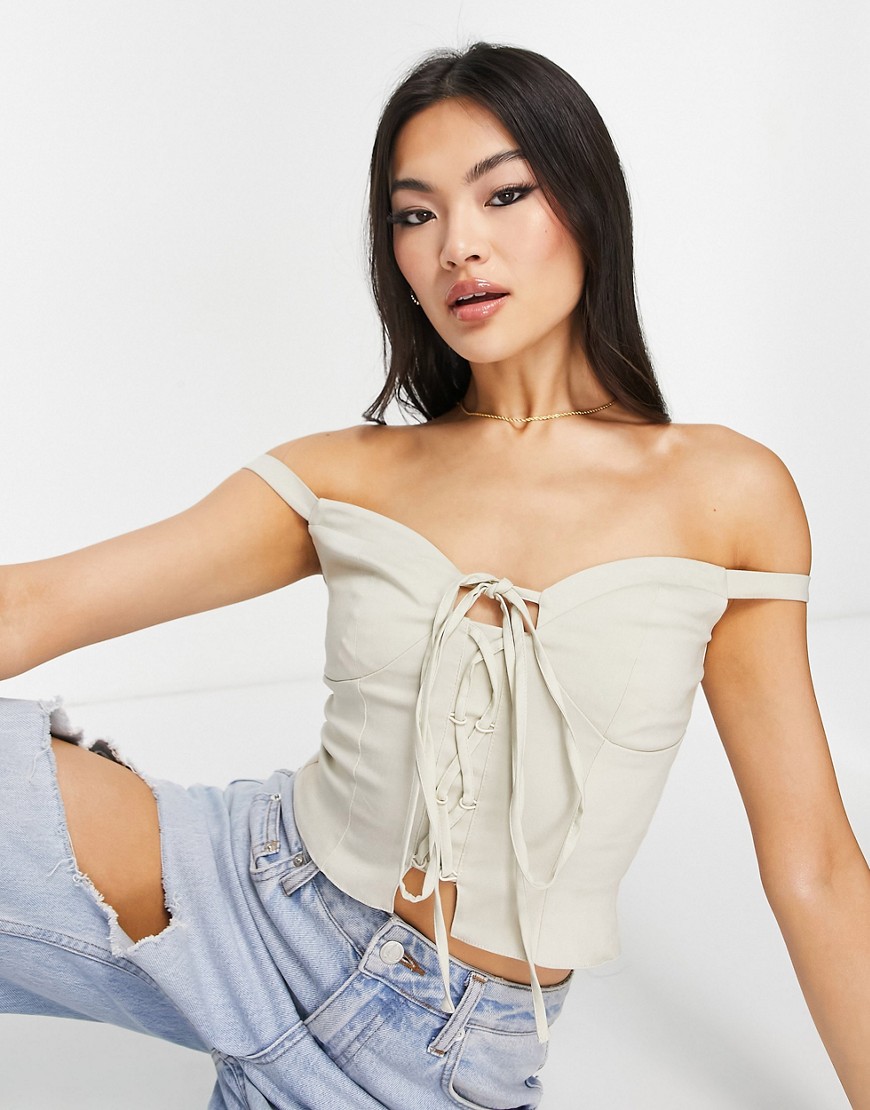 ASOS DESIGN lace up front corset in stone-Brown