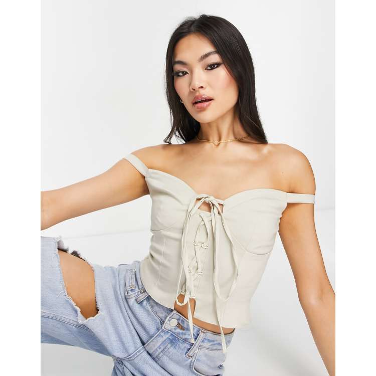 ASOS DESIGN natural effect corset with seaming in stone