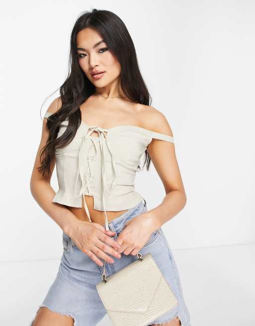 ASOS DESIGN lace up front corset in stone, 4 of 4