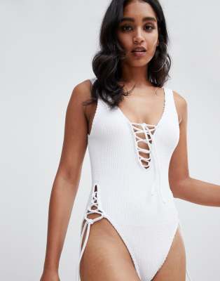 white lace up swimsuit