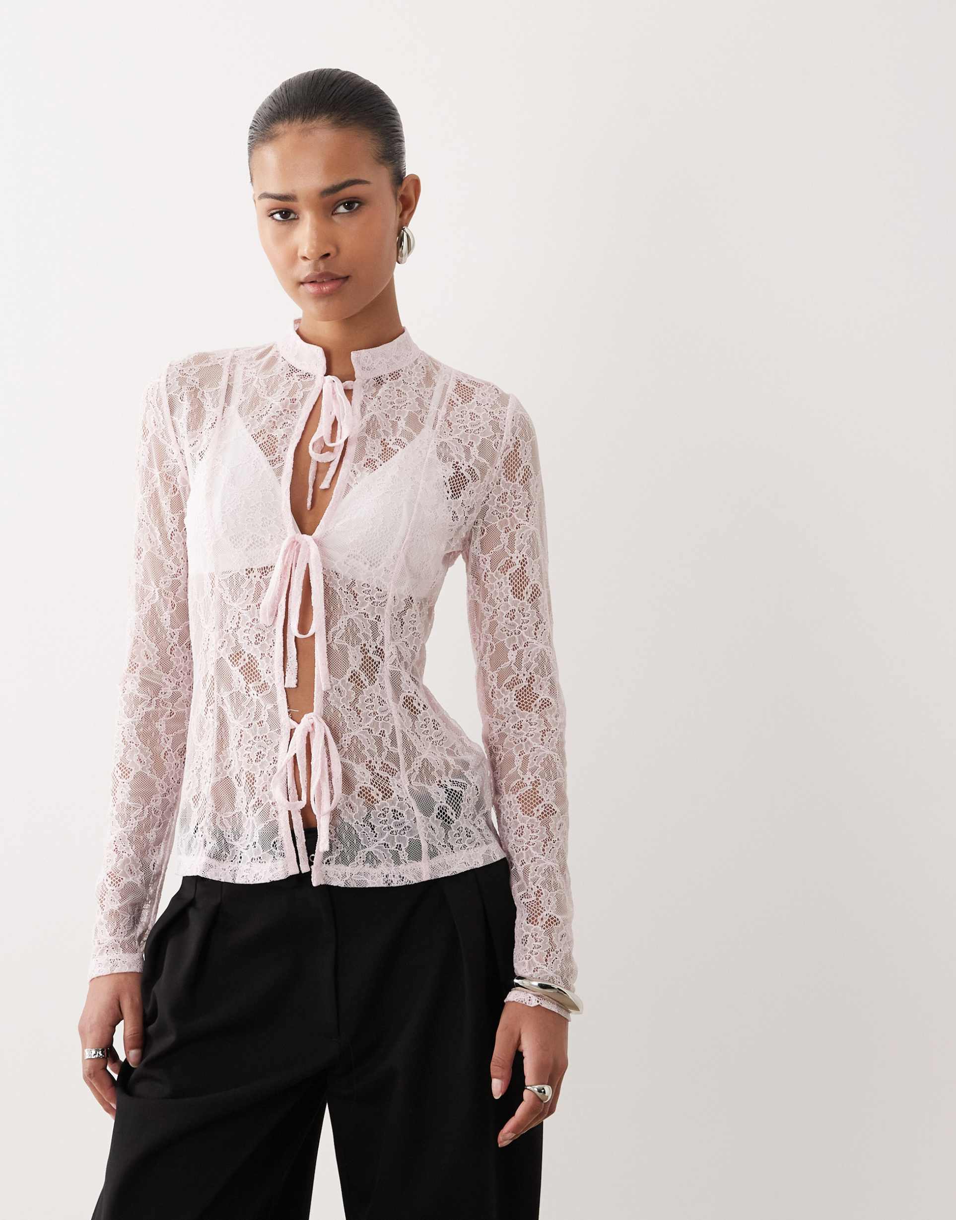 asos design lace up front lace long sleeve top in pink