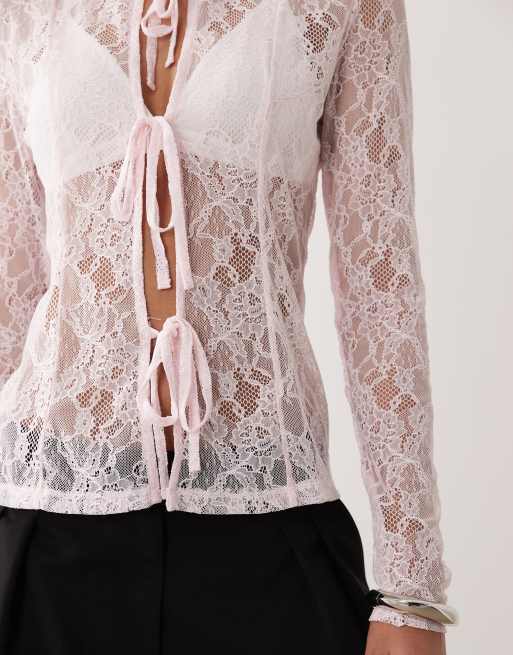 ASOS DESIGN lace up front lace long sleeve top in pink, 3 of 4