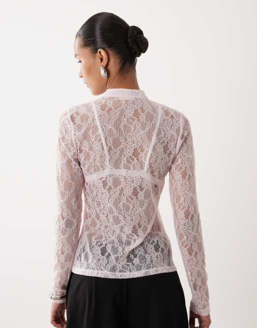 ASOS DESIGN lace up front lace long sleeve top in pink, 4 of 4
