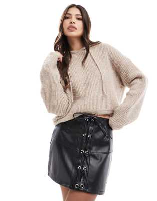 Asos Design Lace Up Front Leather Look Mini Skirt In Black