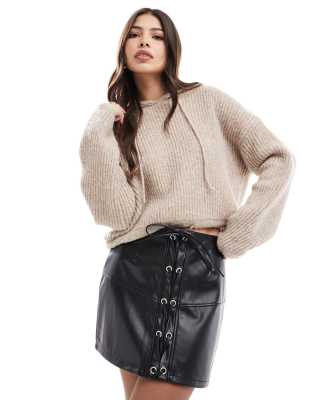 lace up front leather look mini skirt in black