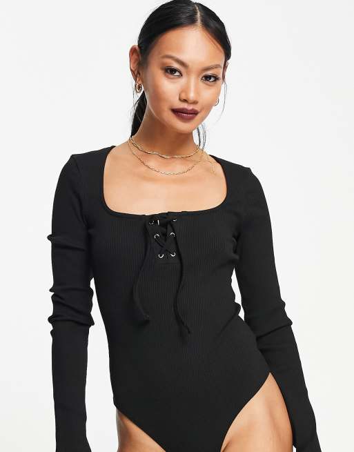 Lace Up Front Long Sleeve Bodysuit