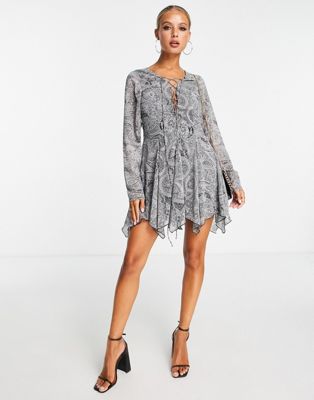 ASOS DESIGN lace up front mini dress with hanky hem in paisley print