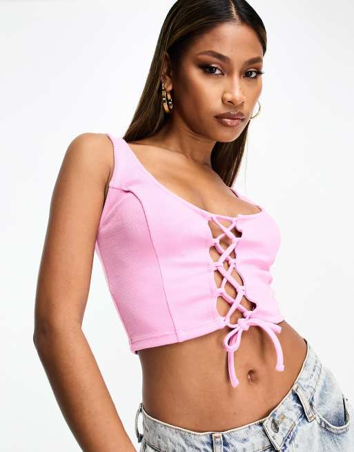 The Frolic satin long sleeve corset top in pink, ASOS