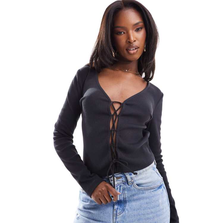 ASOS DESIGN lace up front ribbed long sleeve top in black | ASOS