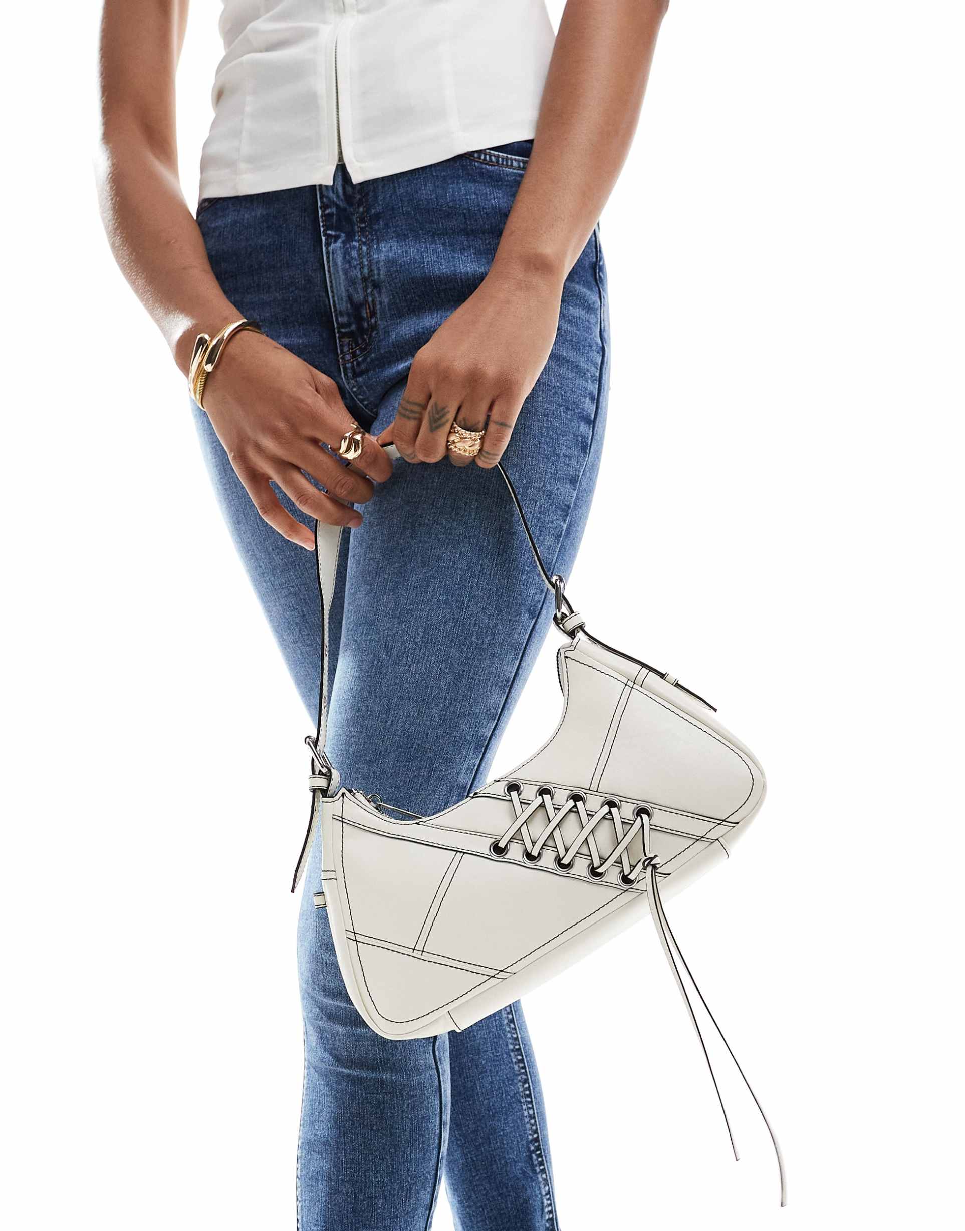 asos design lace up grommet detail shoulder bag in white