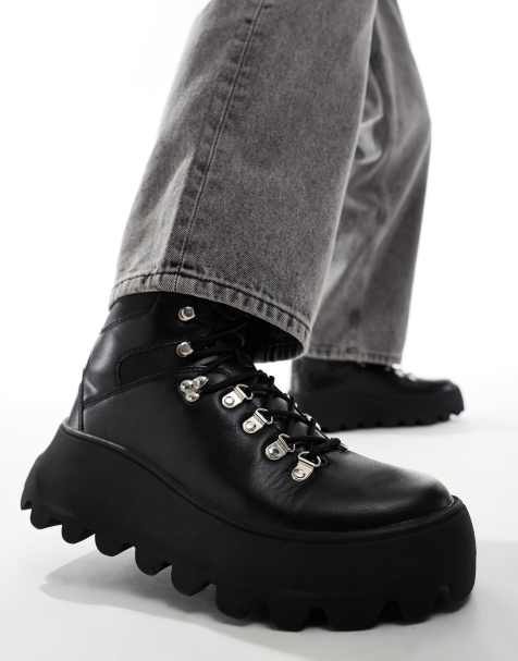 ASOS DESIGN lace up hiker boot in black with chunky sole - view 1