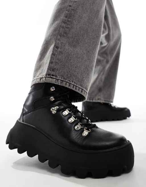 Asos design lace up boots in black leather with chunky sole hotsell