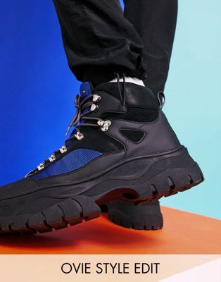 ASOS DESIGN lace up hiker boots in black faux leather on chunky sole