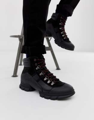 asos design lace up boots in black leather with chunky sole