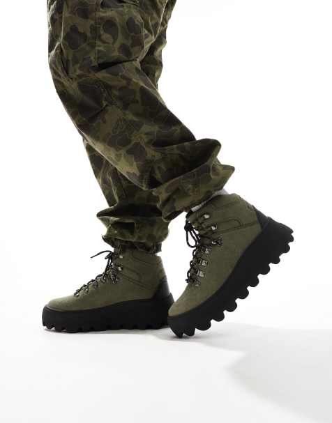 ASOS DESIGN lace up hiker boots in khaki with chunky sole - view 1