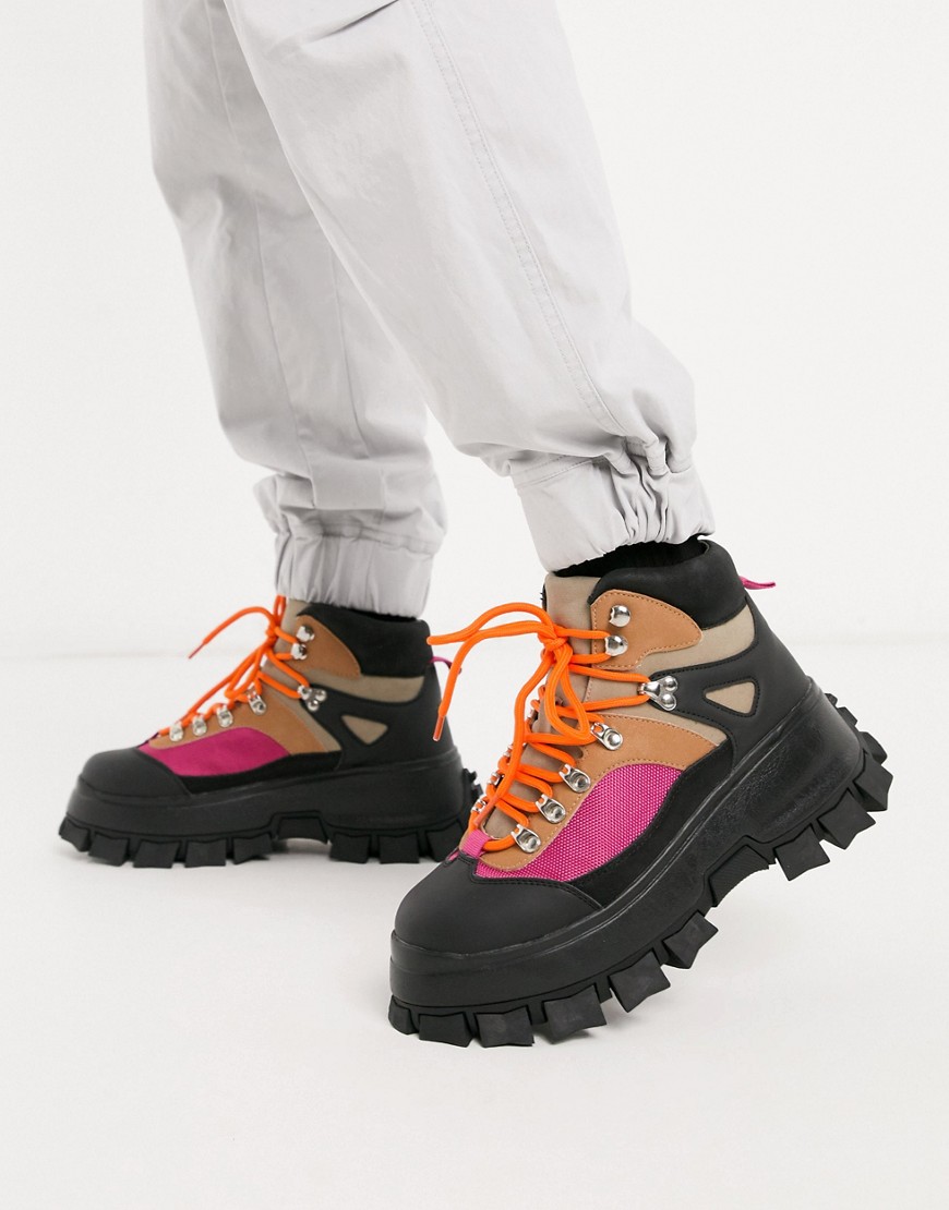 ASOS DESIGN lace up hiker boots in stone faux suede with color pop detail on black chunky sole-Multi