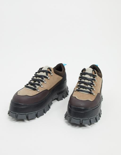 ASOS DESIGN lace up hiker shoes in brown faux suede with chunky