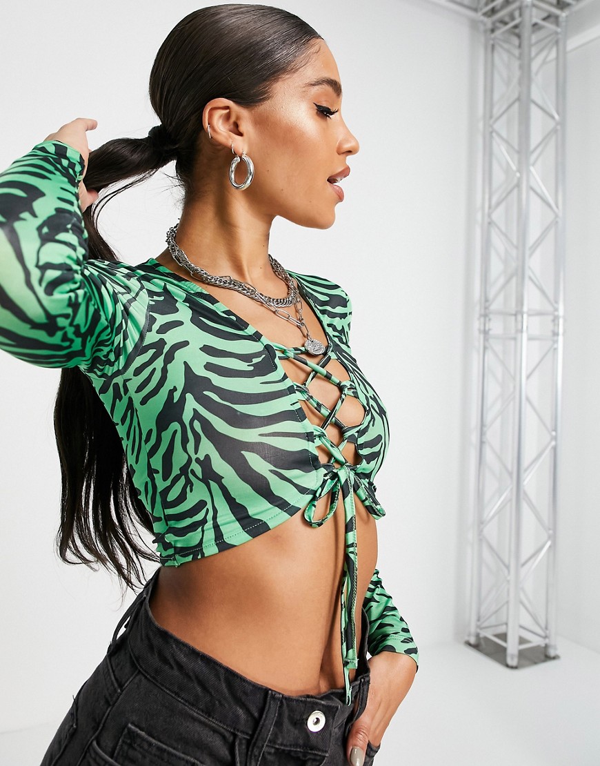 ASOS DESIGN lace up in slinky in green animal