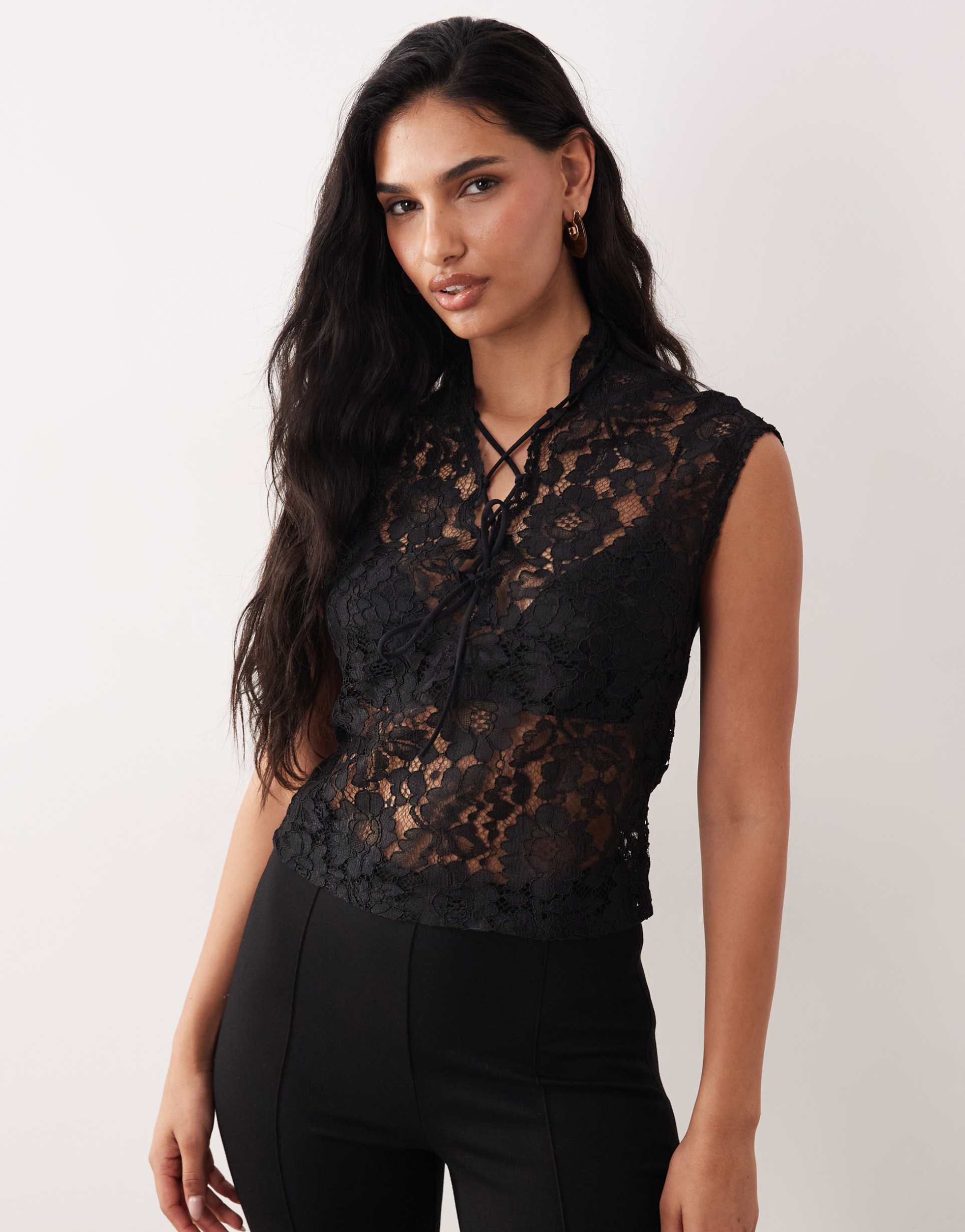 asos design lace up lace top in black