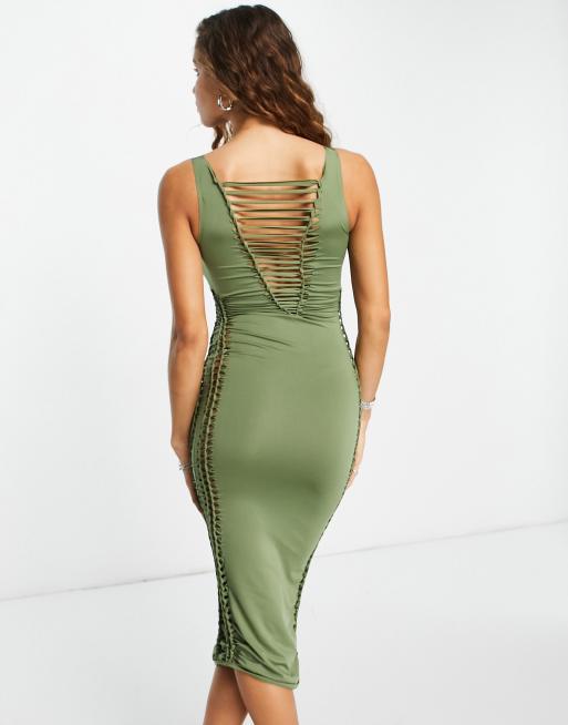 ASOS DESIGN lace up macrame bodycon midi dress in khaki, 3 of 4
