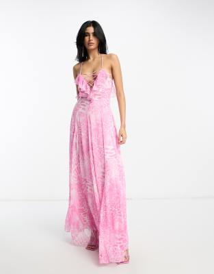 Vanda Lace Up Leopard Ruched Maxi Dress