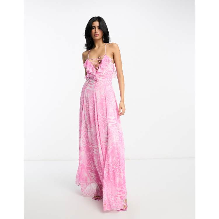 ASOS DESIGN lace up ruffle cam maxi dress with flare panels in pink blurred leopard print