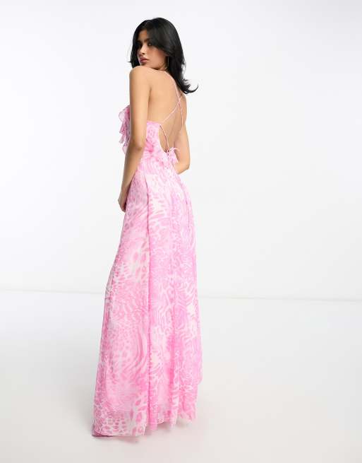 ASOS DESIGN lace up ruffle cam maxi dress with flare panels in pink blurred leopard print