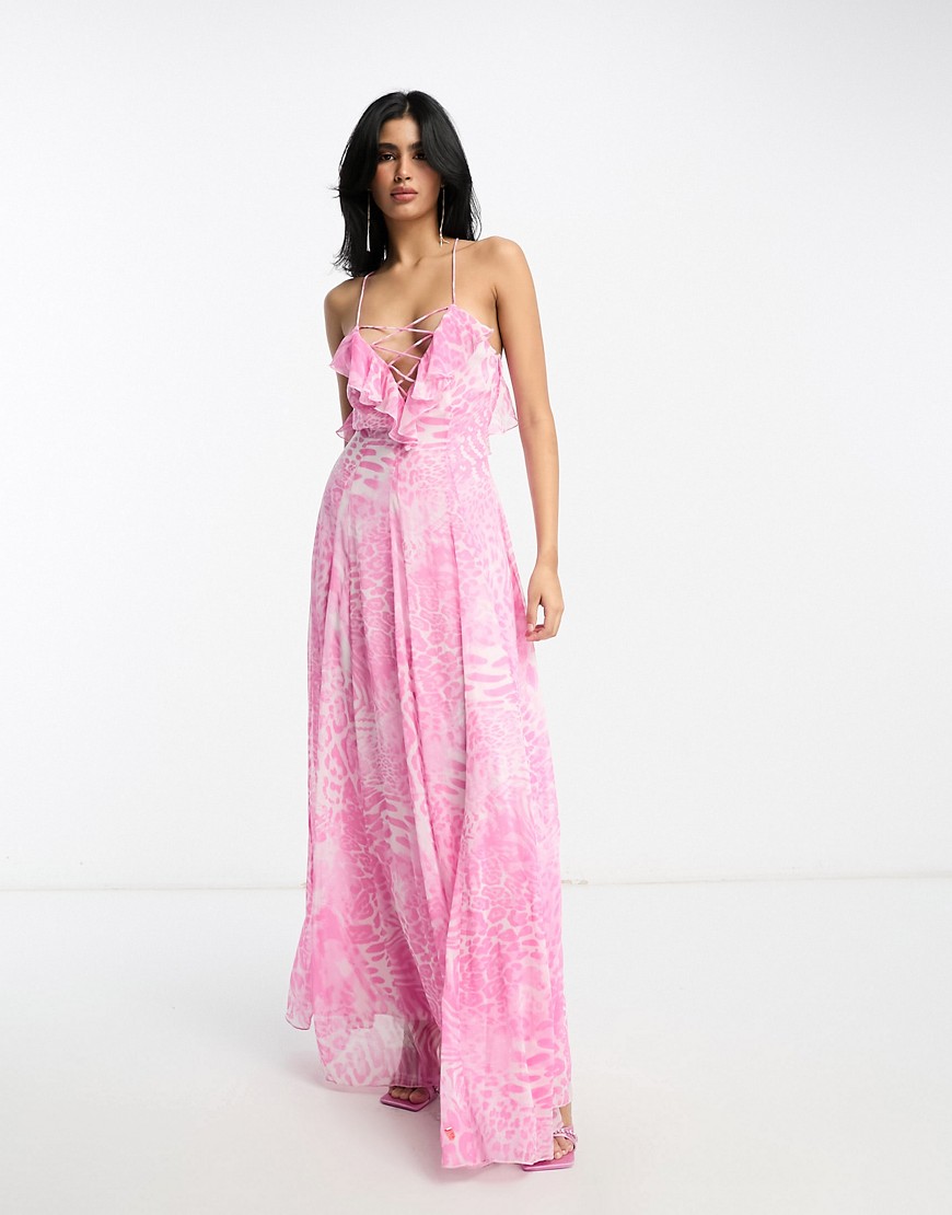 ASOS DESIGN lace up ruffle cam maxi dress with godet in pink blurred leopard print-Multi