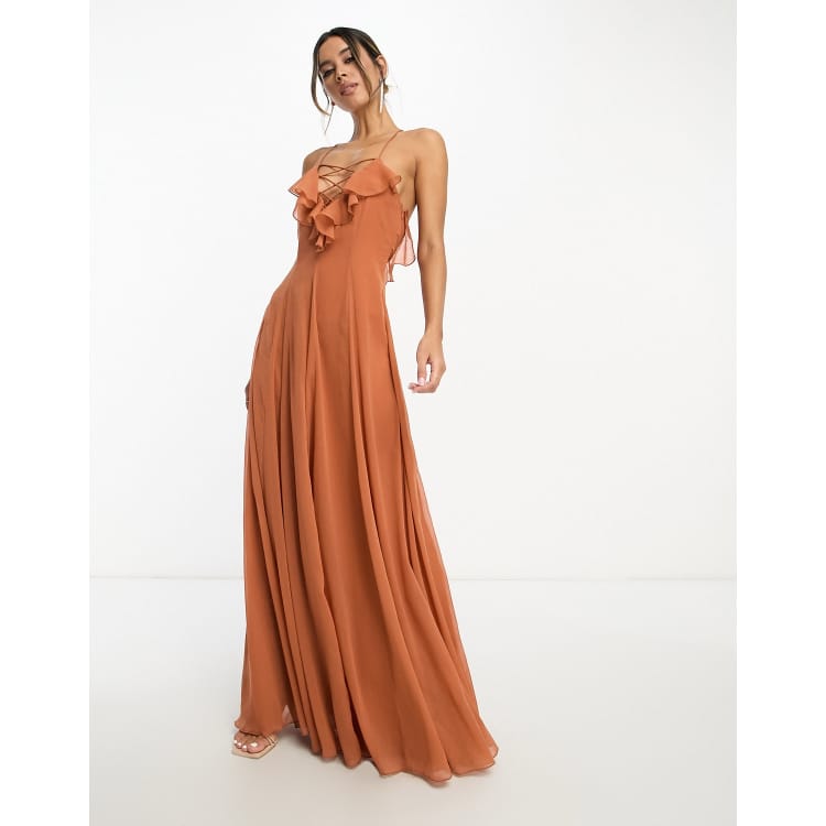 ASOS DESIGN lace up ruffle cam maxi dress with godet in rust