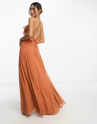 ASOS DESIGN lace up ruffle cam maxi dress with godet in rust