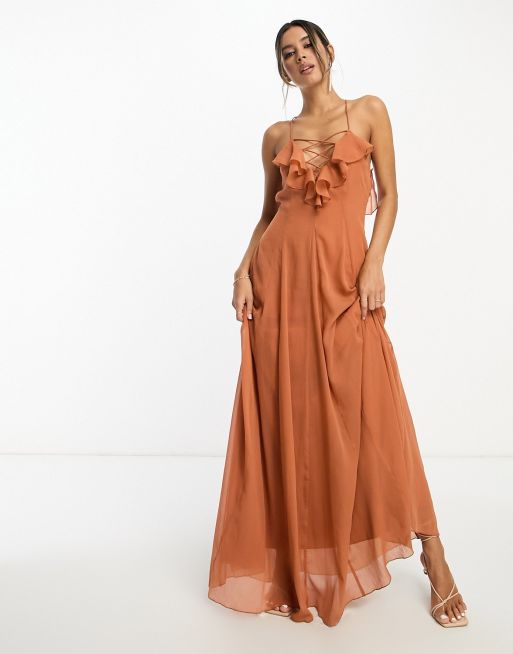 ASOS DESIGN lace up ruffle cami maxi dress with flare in rust