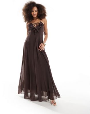 ASOS DESIGN lace up ruffle cami maxi dress with godet in chocolate