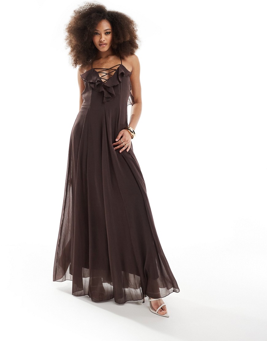 ASOS DESIGN lace up ruffle cami maxi dress with godet in chocolate-Brown
