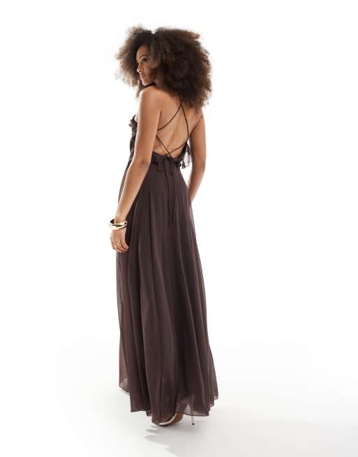 ASOS DESIGN lace up ruffle cami maxi dress with godet in chocolate