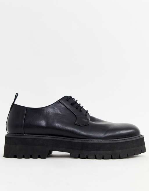 ASOS DESIGN lace up shoes in black faux leather on raised chunky sole