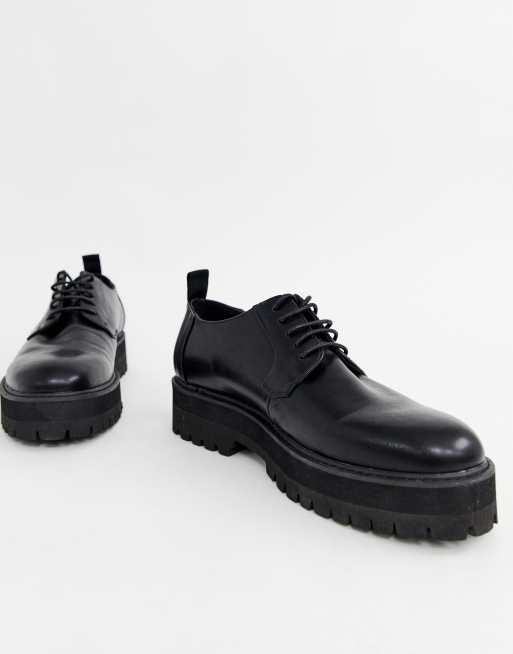 ASOS DESIGN lace up shoes in black faux leather on raised chunky sole