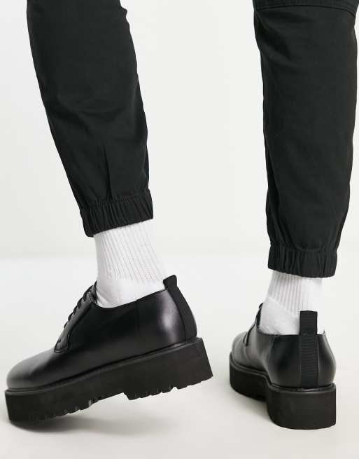 ASOS DESIGN lace up shoes in black faux leather on raised chunky sole