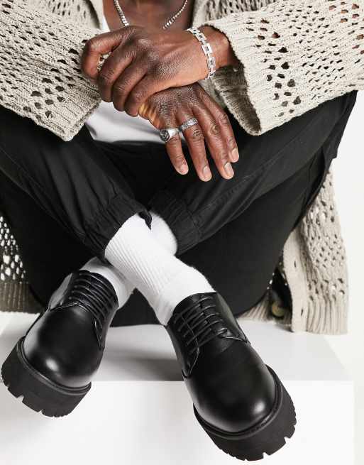 ASOS DESIGN lace up shoes in black faux leather on raised chunky