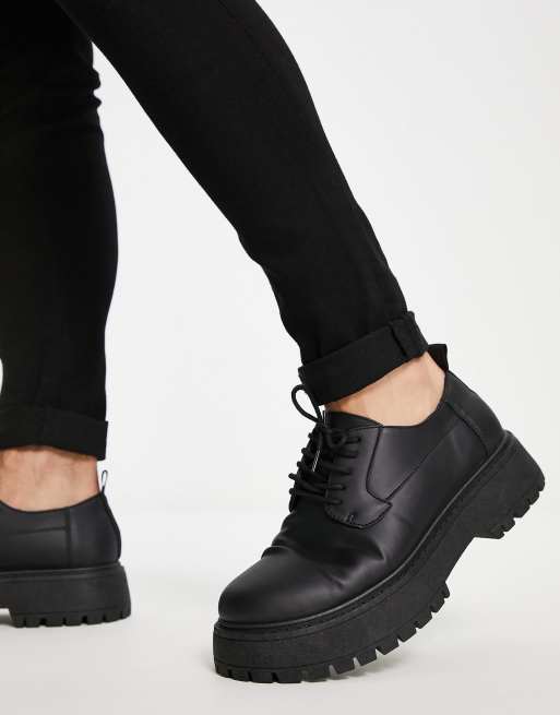 ASOS DESIGN lace up shoes in black faux leather on raised chunky sole